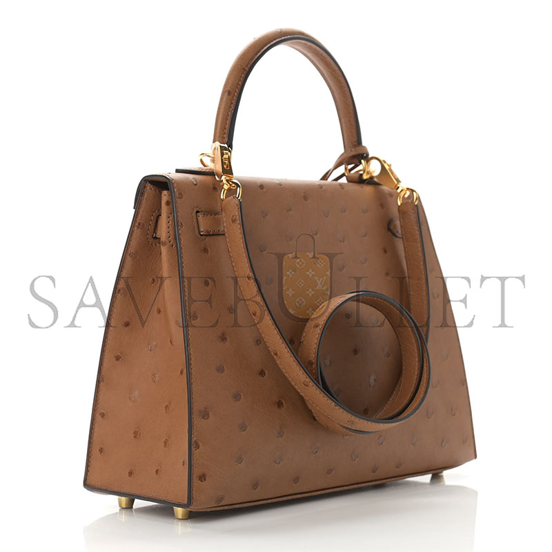 HERMÈS MASTER KELLY 25 OSTRICH LEATHER VELVET GREEN AND ROYAL BLUE BRUSHED GOLD BUCKLE (25*17*7cm)